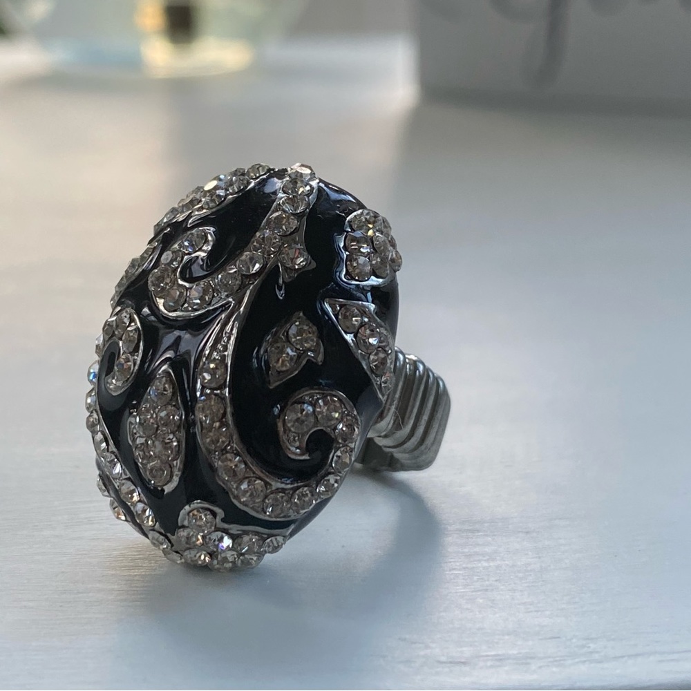 Black & Rhinestone Stretch Ring - Picture 2 of 9